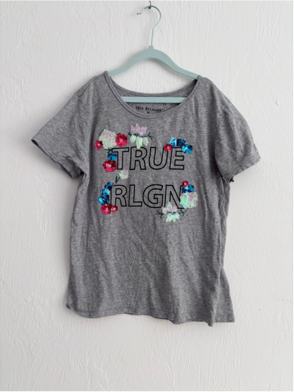 Girls True Religion Sequin Flower Graphic Tee Grey Size 12